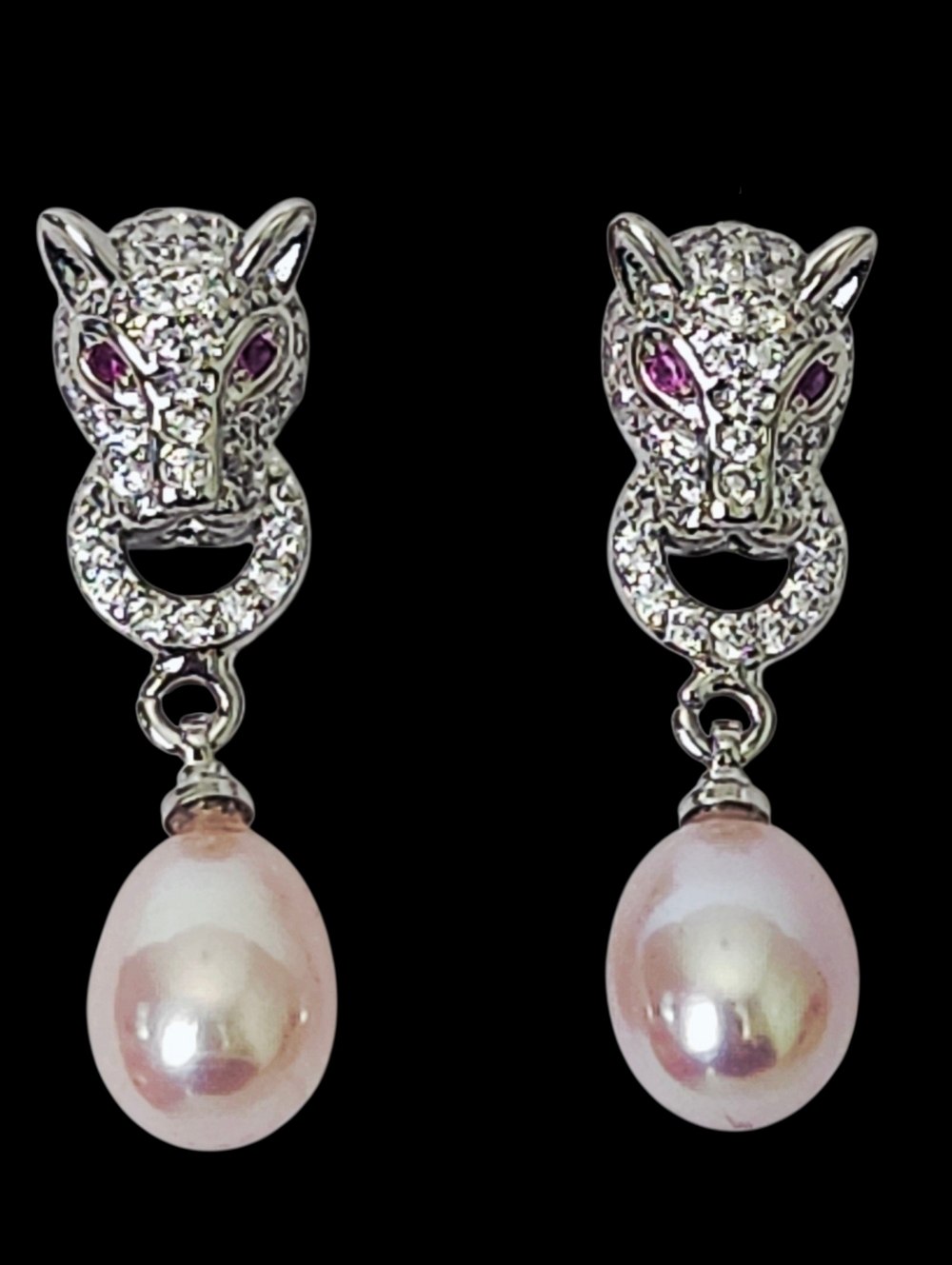 Pearl Silver Panther Dangle Earrings NEW